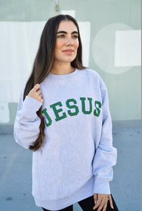 'Jesus' Heavyweight Oversized Crewneck in Heather Grey